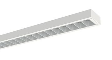 Eine moderne, rechteckige LED-Deckenleuchte mit Rasteroptik in weißem Gehäuse, geeignet für Büros.